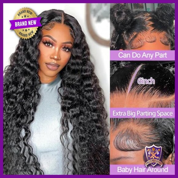 13x6 HD Lace Front Wig Human Hair 200 Density Deep Wave Pre Plucked 36 Inch Natural Black 200% Density Curly Human Hair... From  main image 2